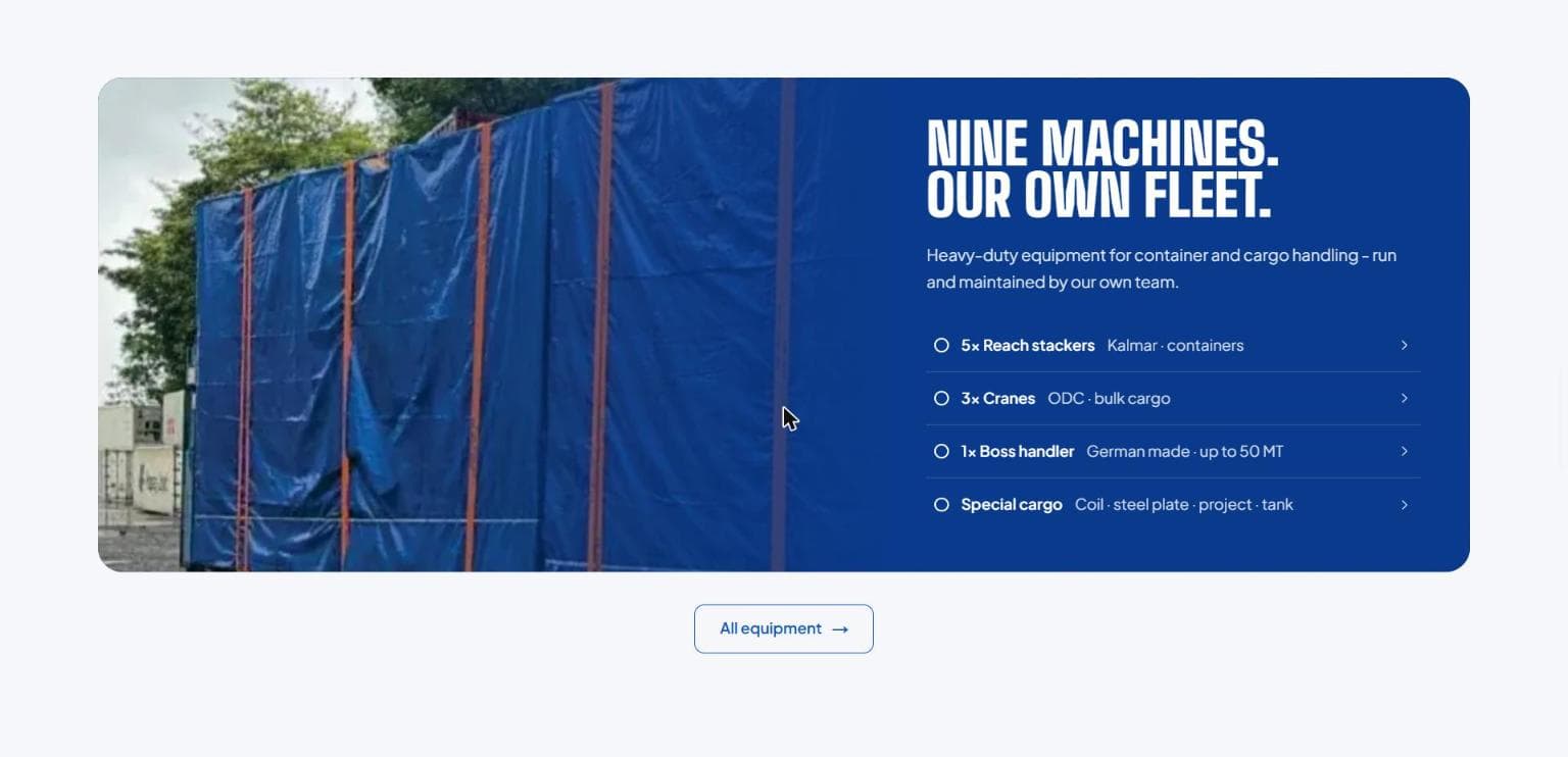 Nine machines, our own fleet — equipment section with real jobsite photo