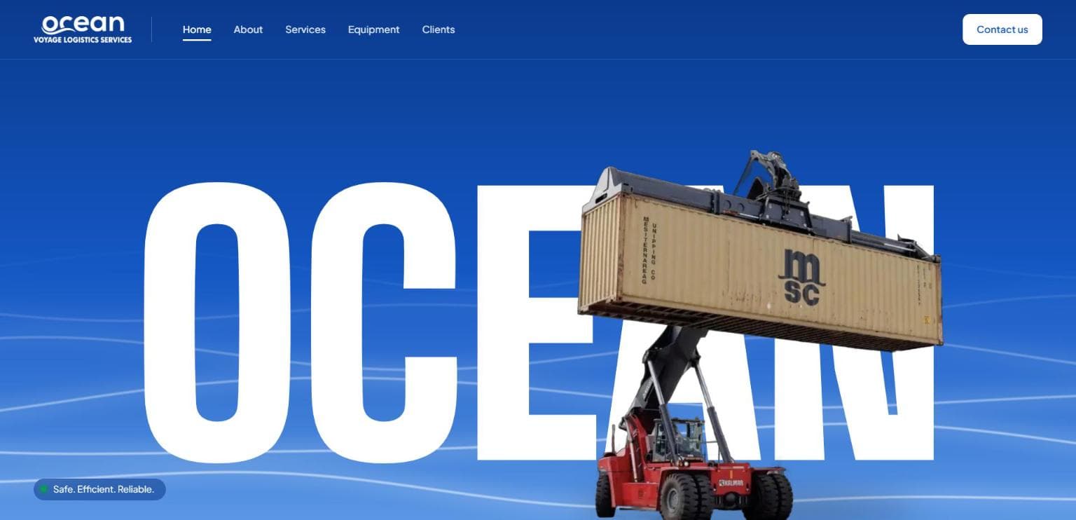 Ocean Voyage Logistics homepage showing a reach stacker lifting a shipping container