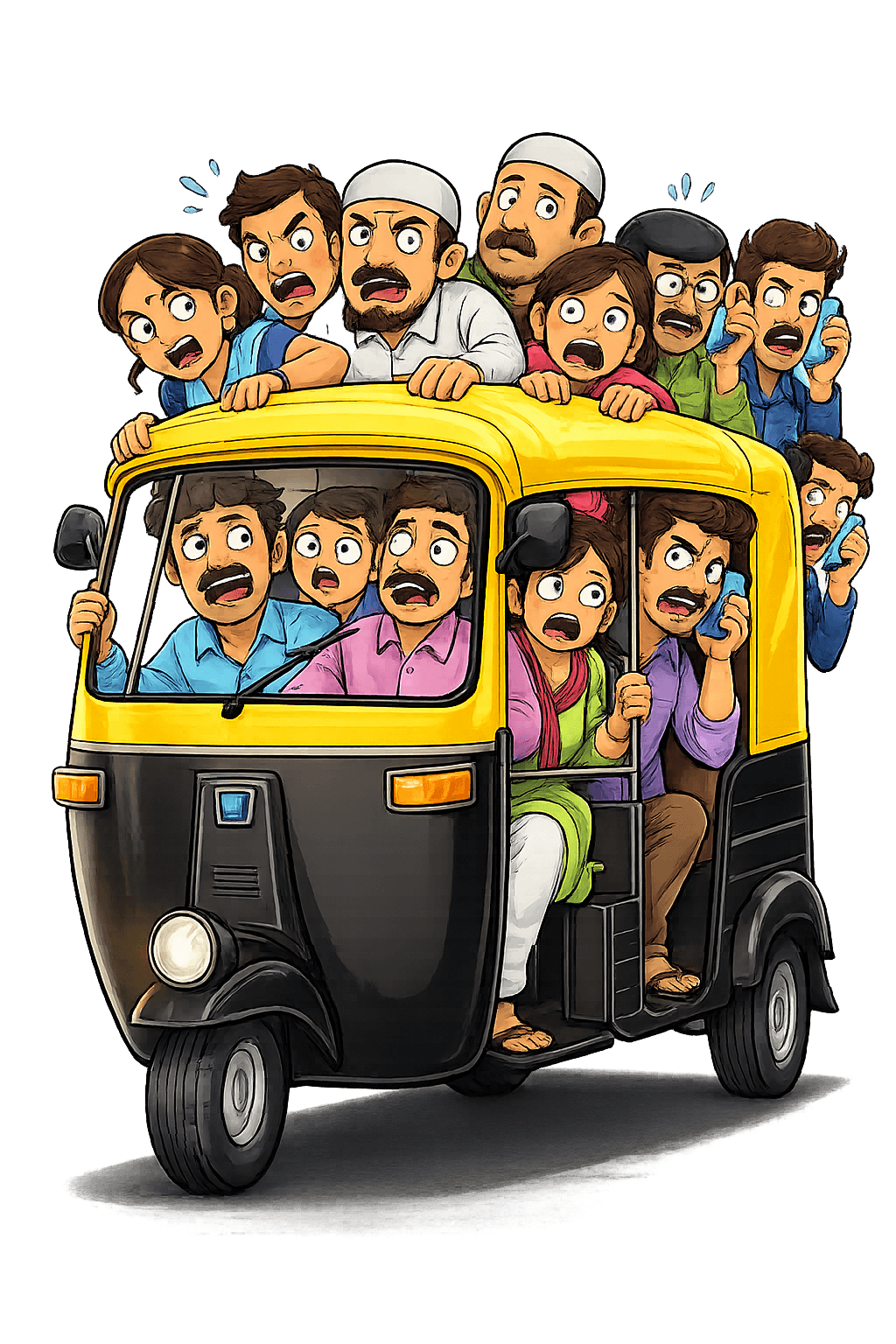 An overcrowded Indian auto-rickshaw packed with anxious passengers